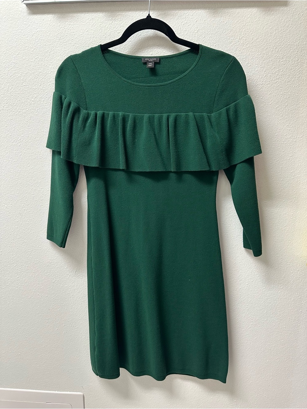 Ann Taylor Emerald Green Ruffle-Front Long Sleeve Dress